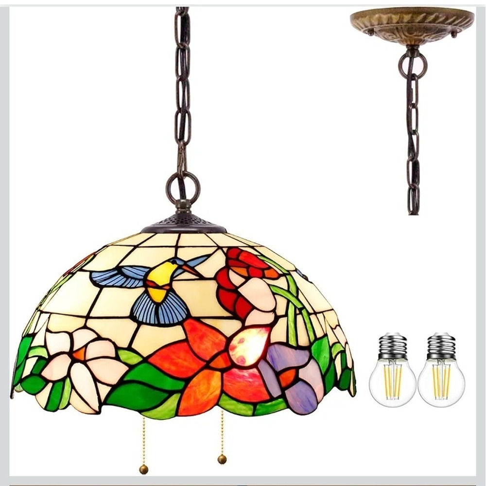 WERFACTORY Tiffany Pendant Light 16" Stained Glass Hummingbird Amber S101